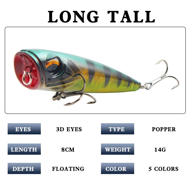 Popper Fishing Lure 80mm 14g Topwater Hard Bait Artificial Wobblers Superficial Fishing Tackle Double Hooks Surface Bait
