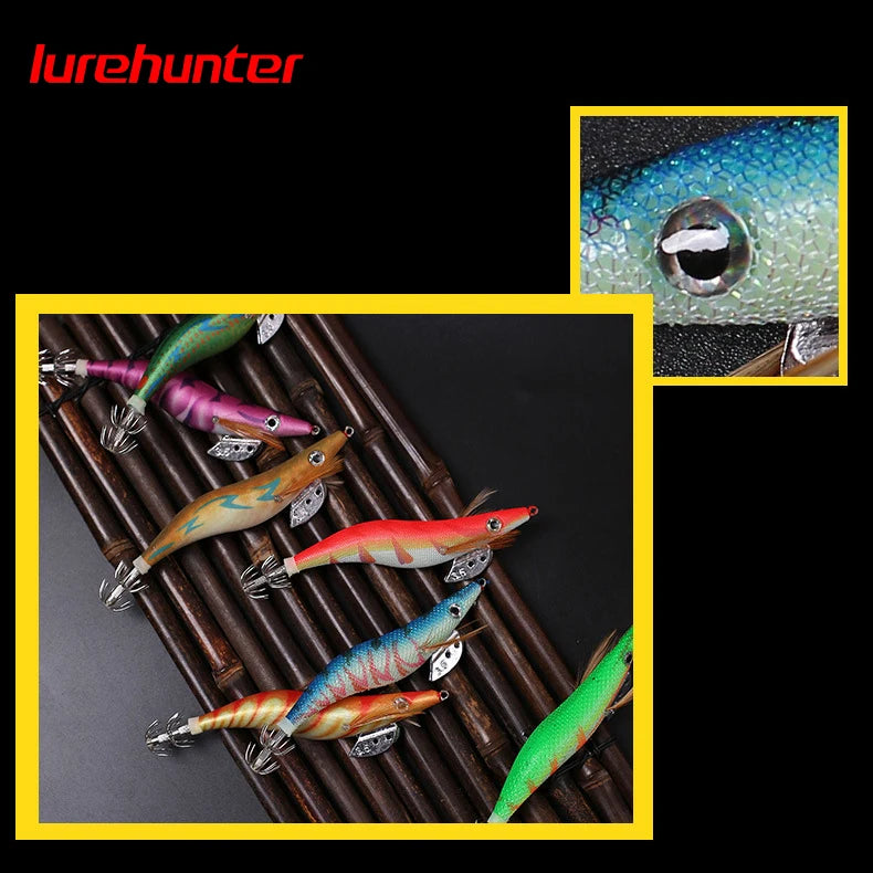 10PCS with Shrimp Bag 3D Printing 2.5 3.0 3.5  Hook Luminous Squid Jig Fishing Wood Shrimp Lure Squid Cuttlefish Jigs Lures