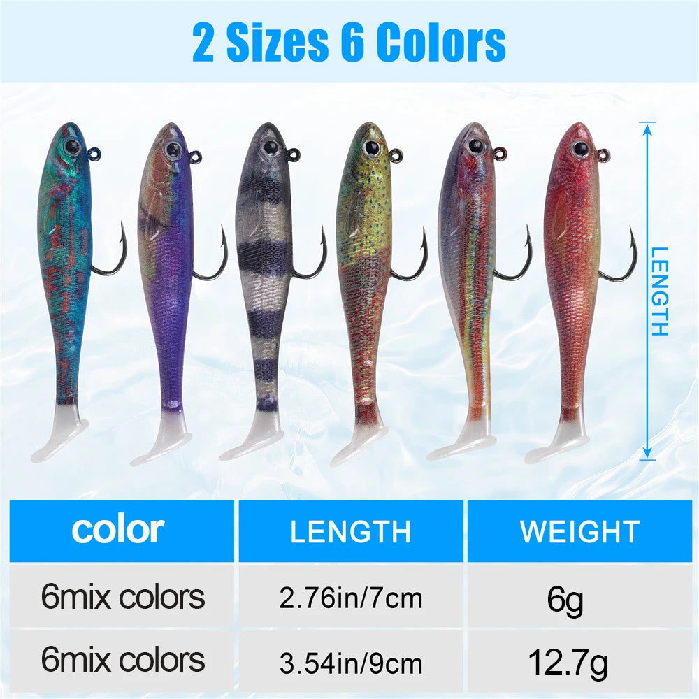 6Pcs Pre-Rigged Soft Fishing Lures Paddle Tail  7cm/9cm Swimbaits Crappie Fishing Jig heads for Bass Trout Lures